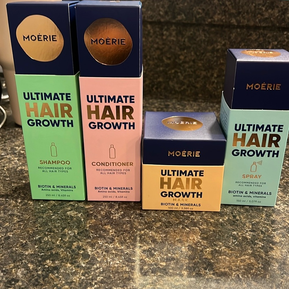 Brand new Moerie hair growth shampoo-conditioner- leave in spray and hair mask